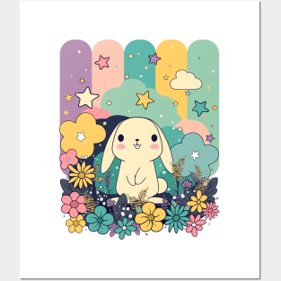Cute Kawaii Easter Bunny surrounded by flowers Posters and Art